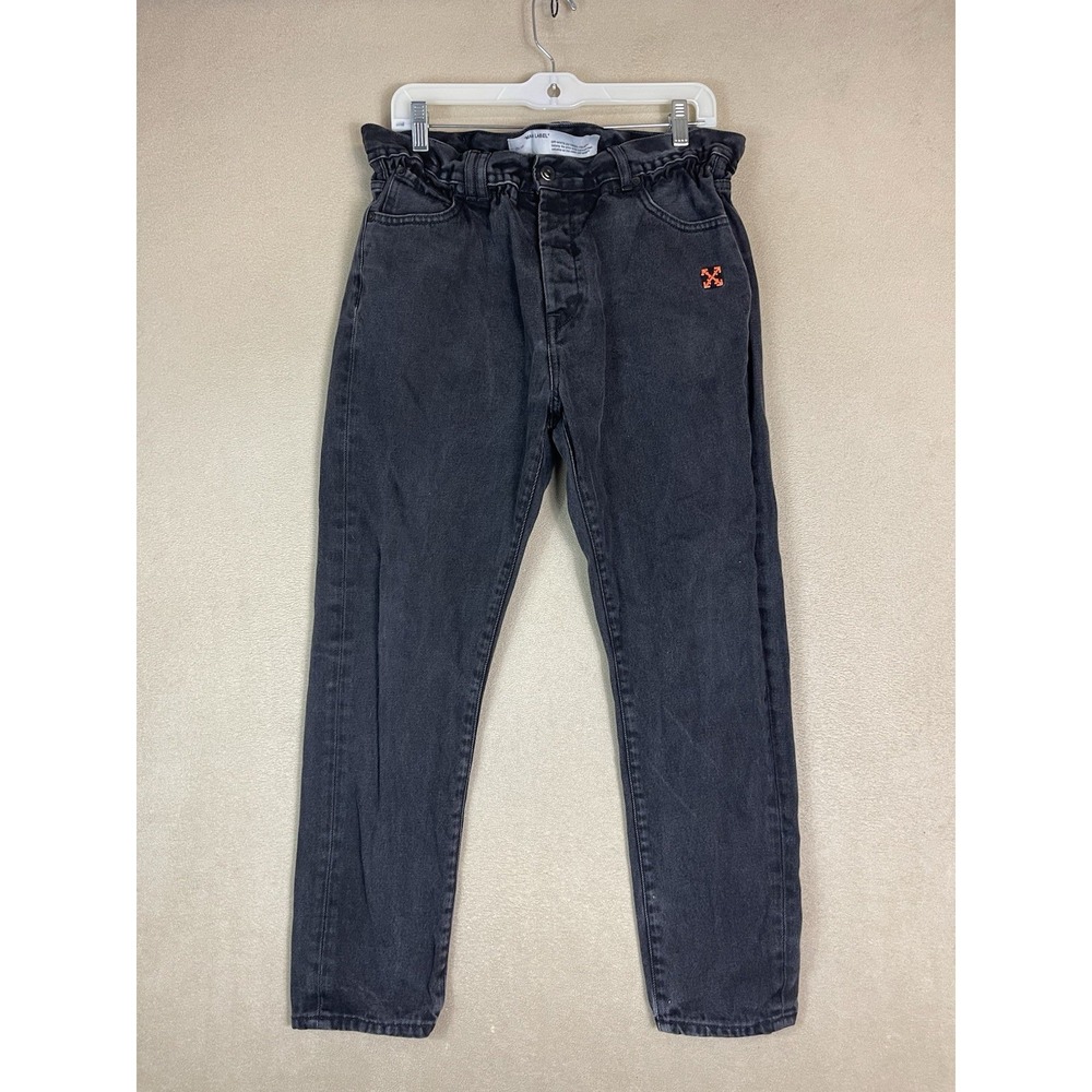 OFF WHITE Jeans Womens 32 Black Diag Elastic Waist Slim High Rise Embroidered